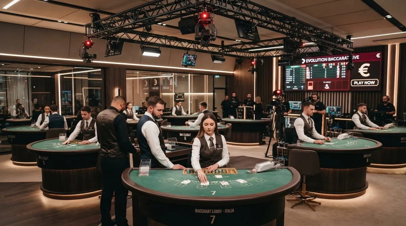 Interno di uno studio Evolution Gaming con più tavoli da baccarat attivi, croupier in uniforme, telecamere e monitor, ambiente professionale illuminato