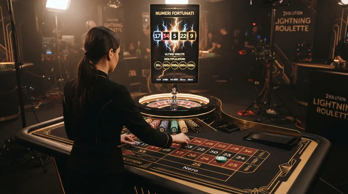 Lo studio Evolution con il tavolo Lightning Roulette in stile Art Deco, illuminazione teatrale e croupier in diretta streaming