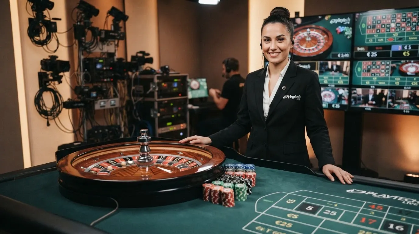Croupier Playtech in uno studio live professionale con telecamere e schermi di controllo