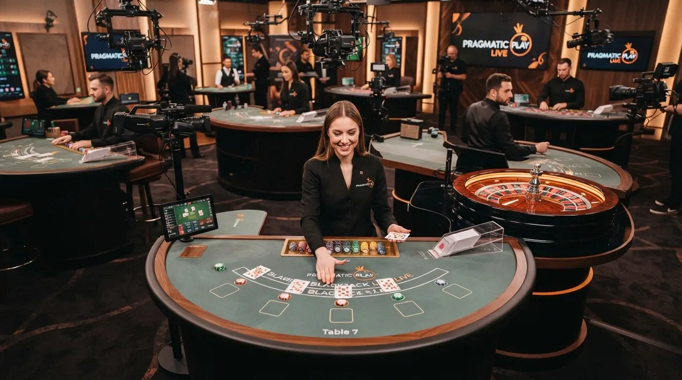Studio di registrazione professionale con tavoli da gioco multipli, telecamere e croupier in azione durante una sessione di gioco dal vivo