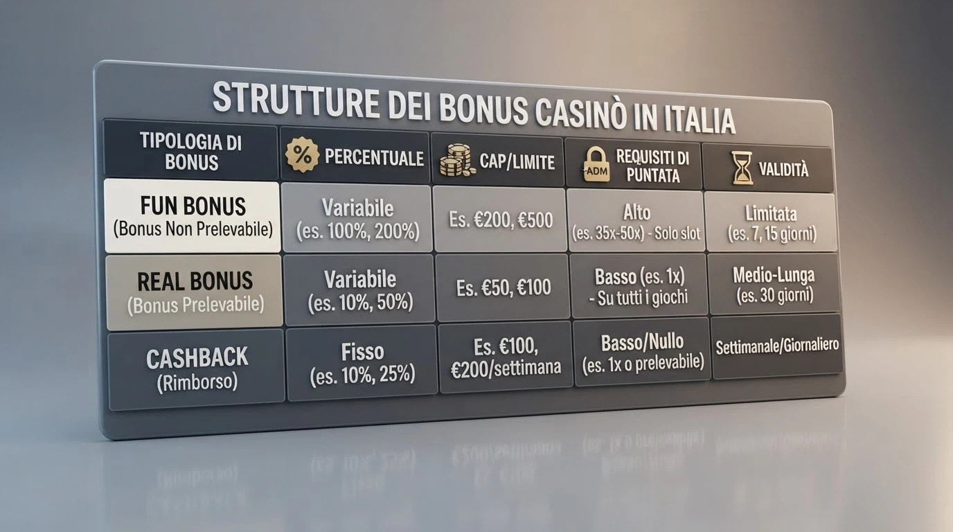 Una tabella comparativa stilizzata con icone che rappresentano percentuali (500%, 100%), clessidre (validità) e lucchetti (concessione ADM), su sfondo bianco pulito
