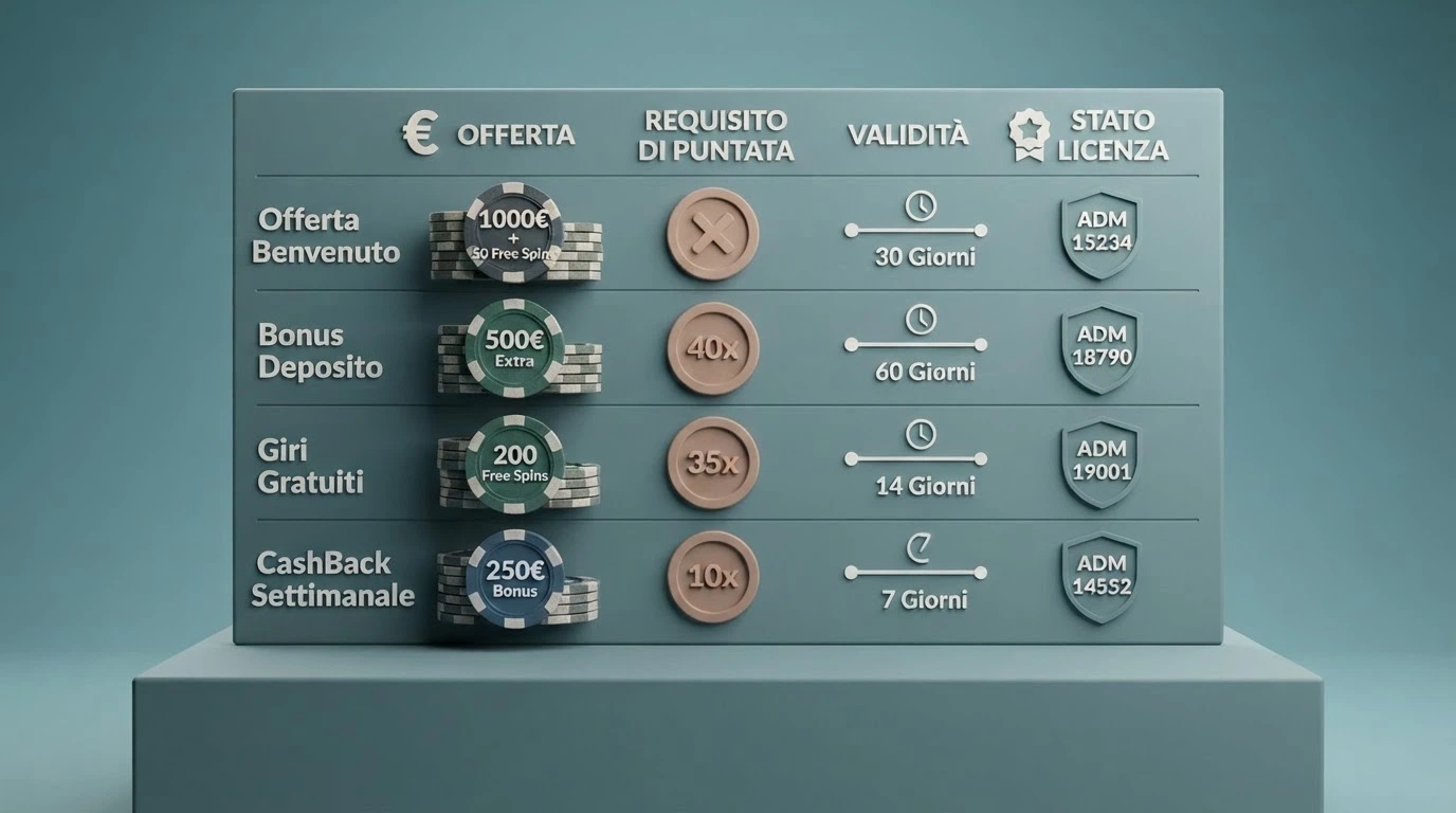 Una tabella comparativa con i loghi e le offerte senza deposito dei 10 casinò ADM recensiti, ordinati per requisito di puntata crescente
