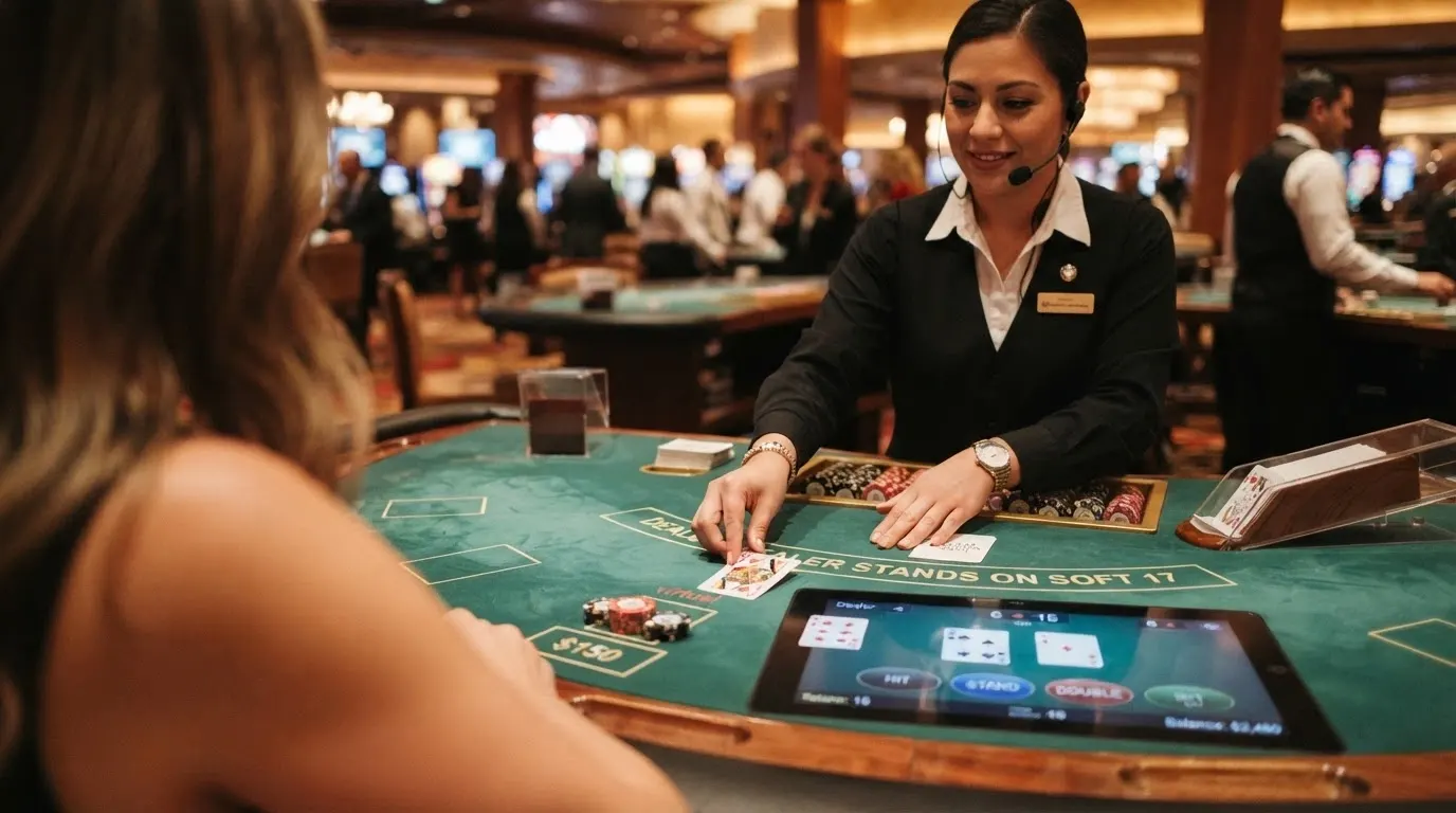 Interfaccia di un tavolo live di blackjack con carte distribuite dal croupier, chips virtuali, cronologia delle mani e chat del dealer visibile sullo schermo