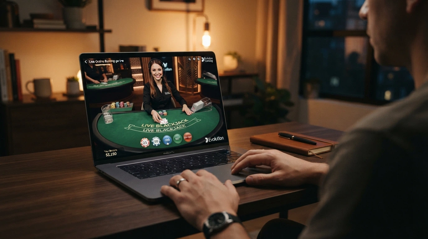 Un tavolo di blackjack live con croupier in streaming HD, interfaccia di puntata e chat laterale sullo schermo di un laptop