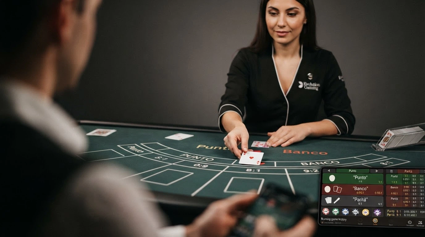 Un dealer dal vivo al tavolo da Punto Banco in uno studio Evolution, con interfaccia di gioco su schermo
