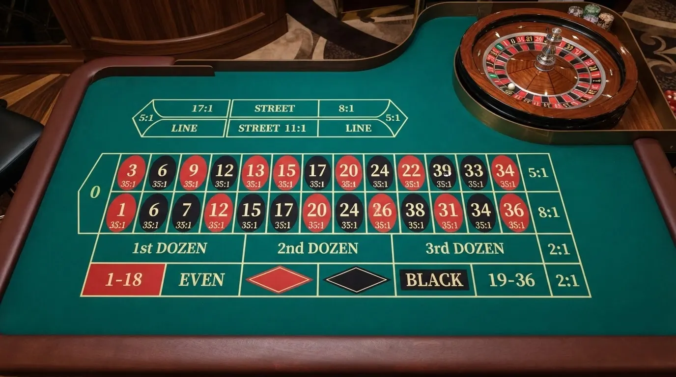 il tavolo della roulette visto dall'alto con tutte le caselle di puntata inside e outside, ogni zona evidenziata in un colore diverso e affiancata dal rispettivo payout (35:1, 17:1, 11:1, 8:1, 5:1, 2:1, 1:1)