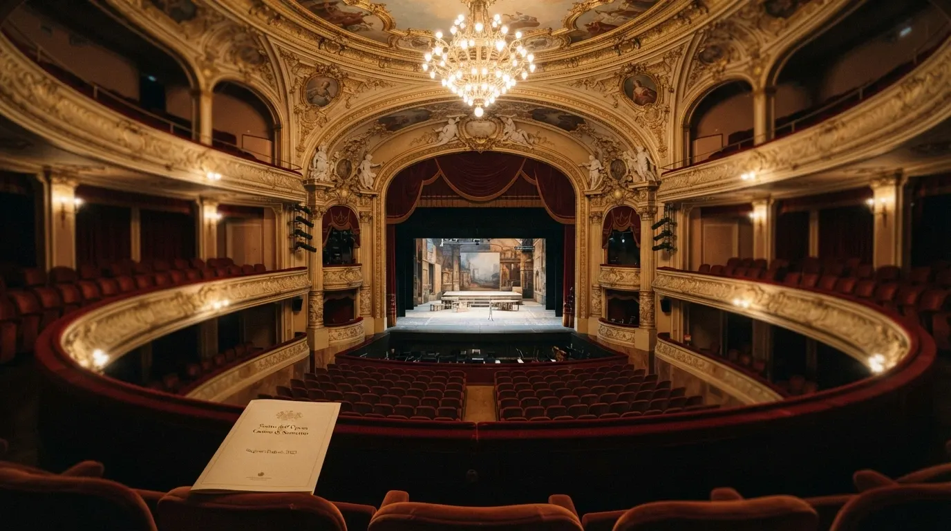 Il palcoscenico del Teatro dell'Opera all'interno del Casinò di Sanremo, con platea e palchi in stile Liberty