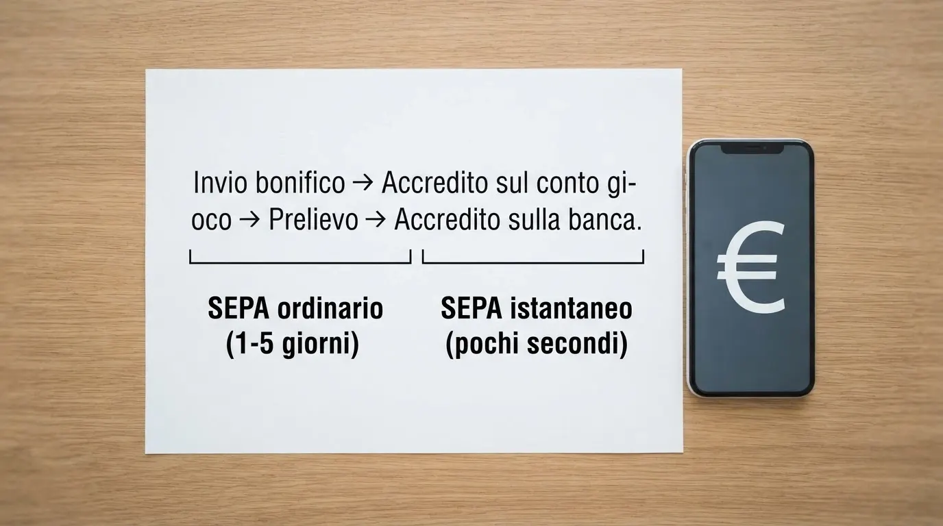 Una linea del tempo che mostra le fasi di un deposito e di un prelievo con bonifico bancario: dall'invio dalla banca all'accredito sul conto gioco, con le durate di ogni passaggio