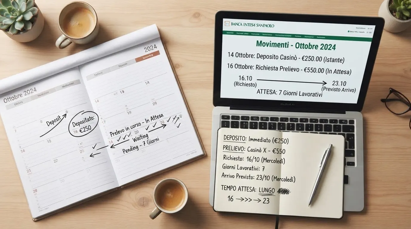Un calendario affiancato a una schermata bancaria con le date di accredito di un bonifico in partenza verso un casinò ADM
