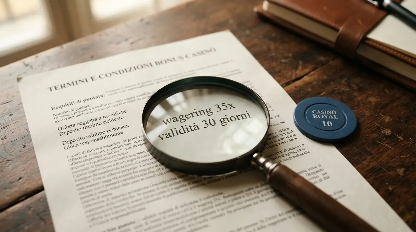 Una lente di ingrandimento posata sui termini e condizioni di un bonus di benvenuto, con le cifre del wagering e della validità evidenziate in giallo.