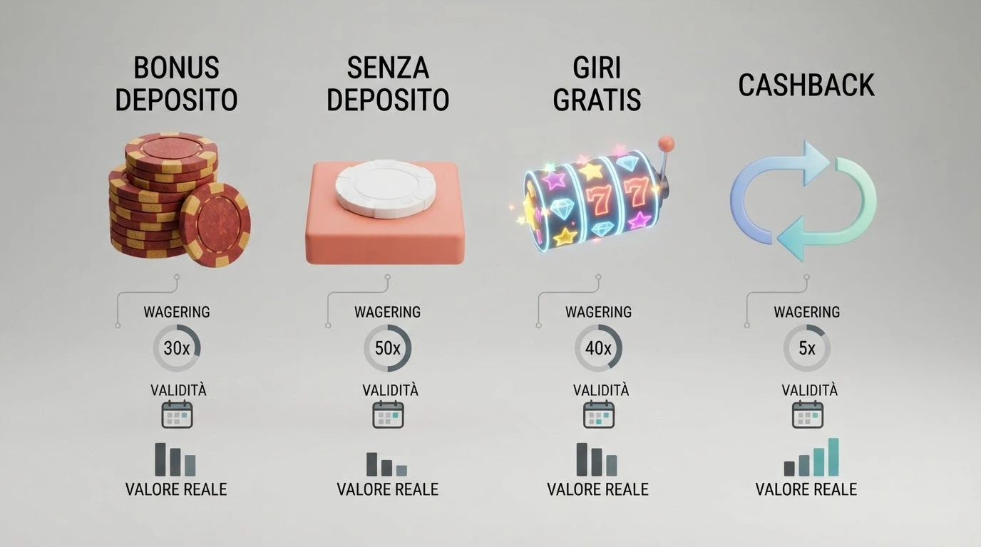 Un diagramma che confronta quattro tipi di promozione (bonus deposito, senza deposito, giri gratis, cashback) con icone che rappresentano il wagering, la validità e il valore reale