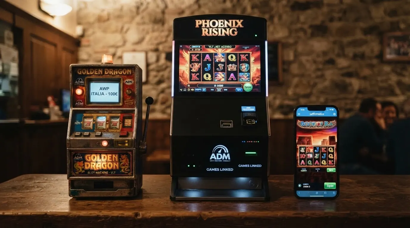 Tre slot machine affiancate: una AWP da bar con schermo piccolo, un videoterminale VLT da sala e uno smartphone con una slot online