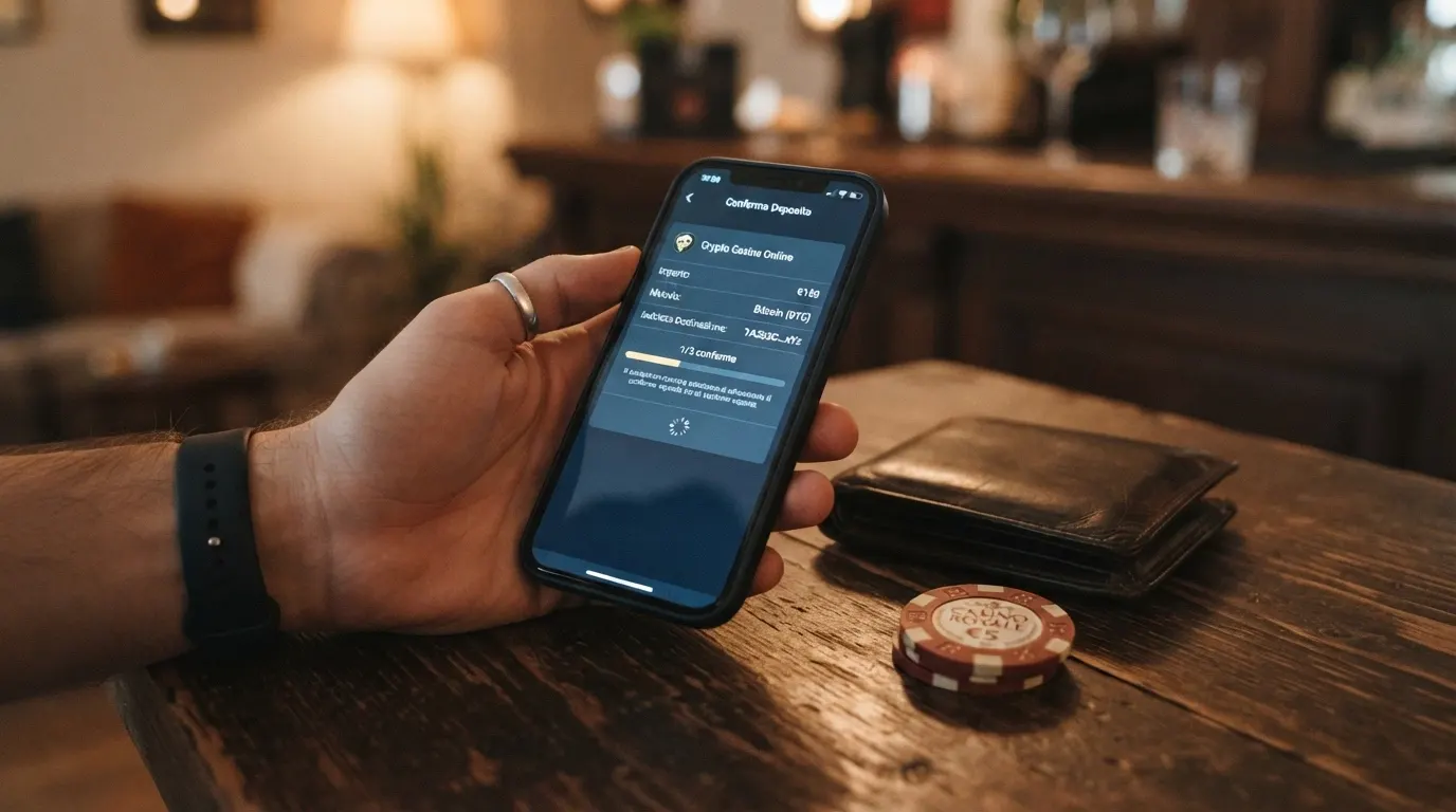 Uno smartphone che mostra una schermata di conferma di una transazione in Bitcoin con l'indicazione del tempo di conferma on-chain