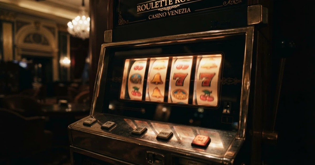 Una slot machine con i rulli in movimento, lo schermo illuminato e il pannello dei comandi in primo piano; nessuna persona inquadrata, inquadratura ravvicinata sul display di gioco
