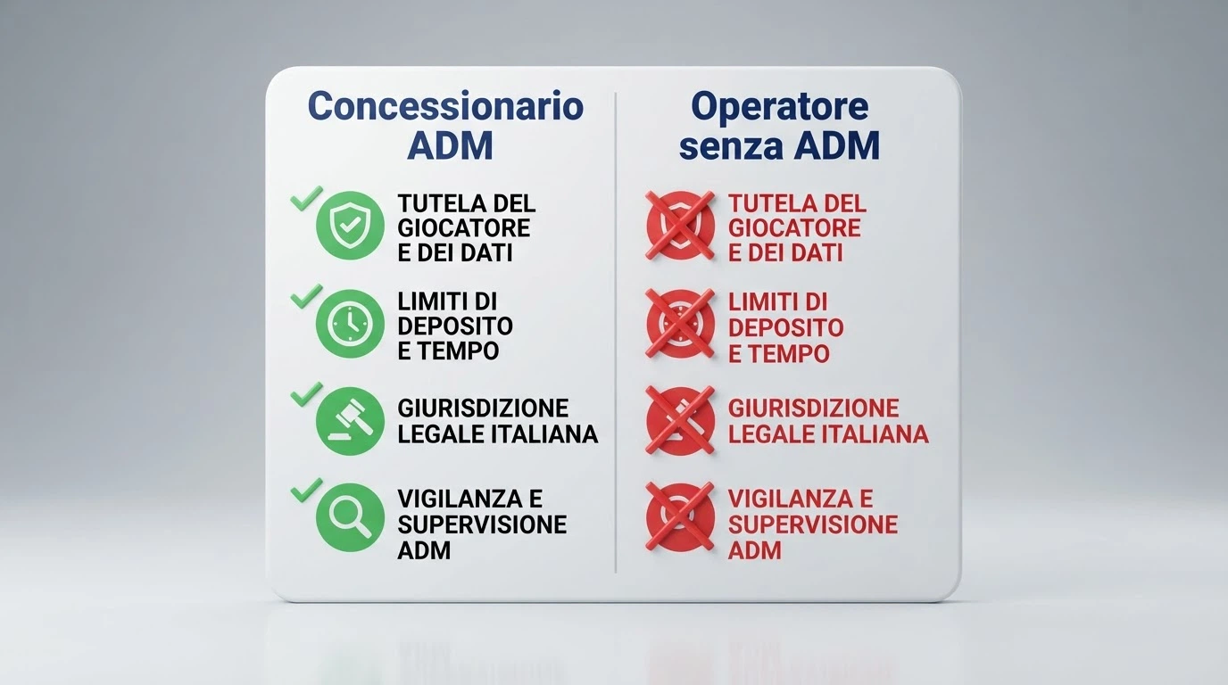 Un diagramma comparativo a due colonne: a sinistra le tutele del giocatore nei casinò con concessione ADM (RUA, limiti di deposito, vigilanza, foro legale italiano) con icone e spunte verdi, a destra le stesse voci barrate in rosso per i casinò senza concessione ADM