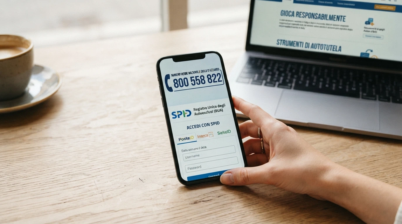 Un telefono con il numero verde 800 558 822 sullo schermo e sullo sfondo la pagina di accesso SPID al Registro Unico degli Autoesclusi