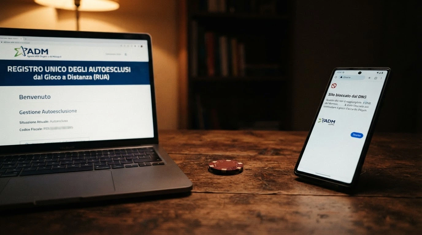 Uno schermo diviso: a sinistra l'interfaccia del RUA (Registro Unico degli Autoesclusi), a destra un avviso di sito bloccato dal DNS
