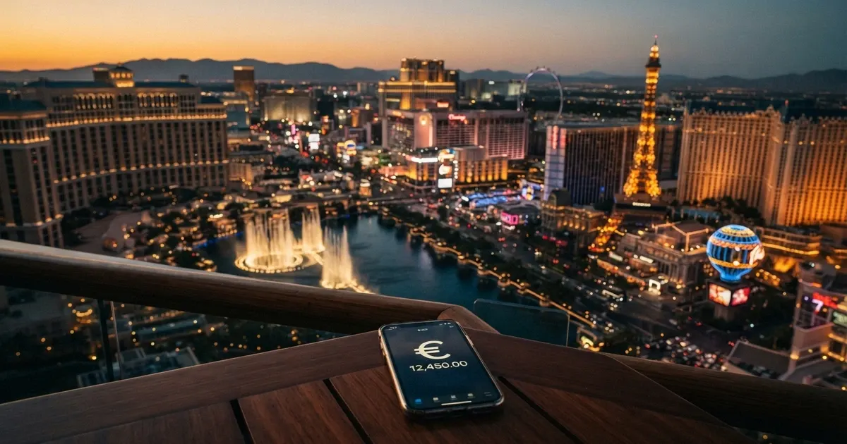 La Strip di Las Vegas al tramonto con le insegne luminose dei casinò in primo piano e il deserto del Nevada sullo sfondo