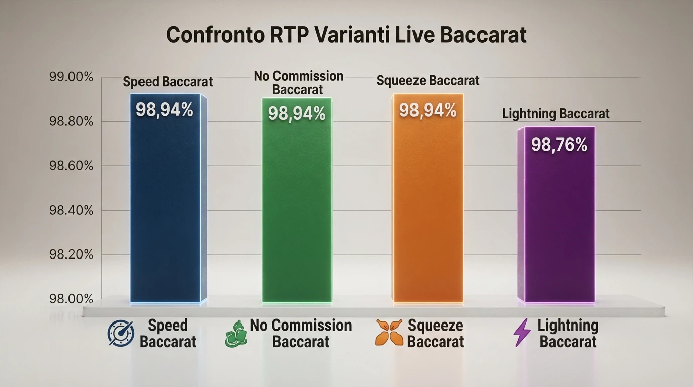 Grafico a barre che confronta l'RTP delle quattro varianti live (Speed 98,94%, No Commission 98,94%, Squeeze 98,94%, Lightning 98,76%) con evidenziato il margine casa residuo