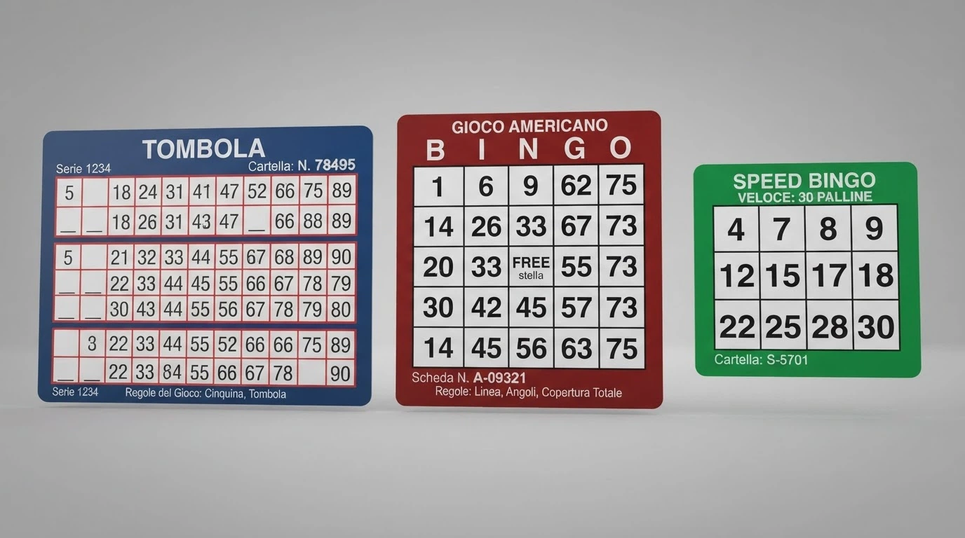 Tre cartelle di bingo online affiancate nei formati 90, 75 e 30 palline, con i diversi schemi di numeri e righe a confronto
