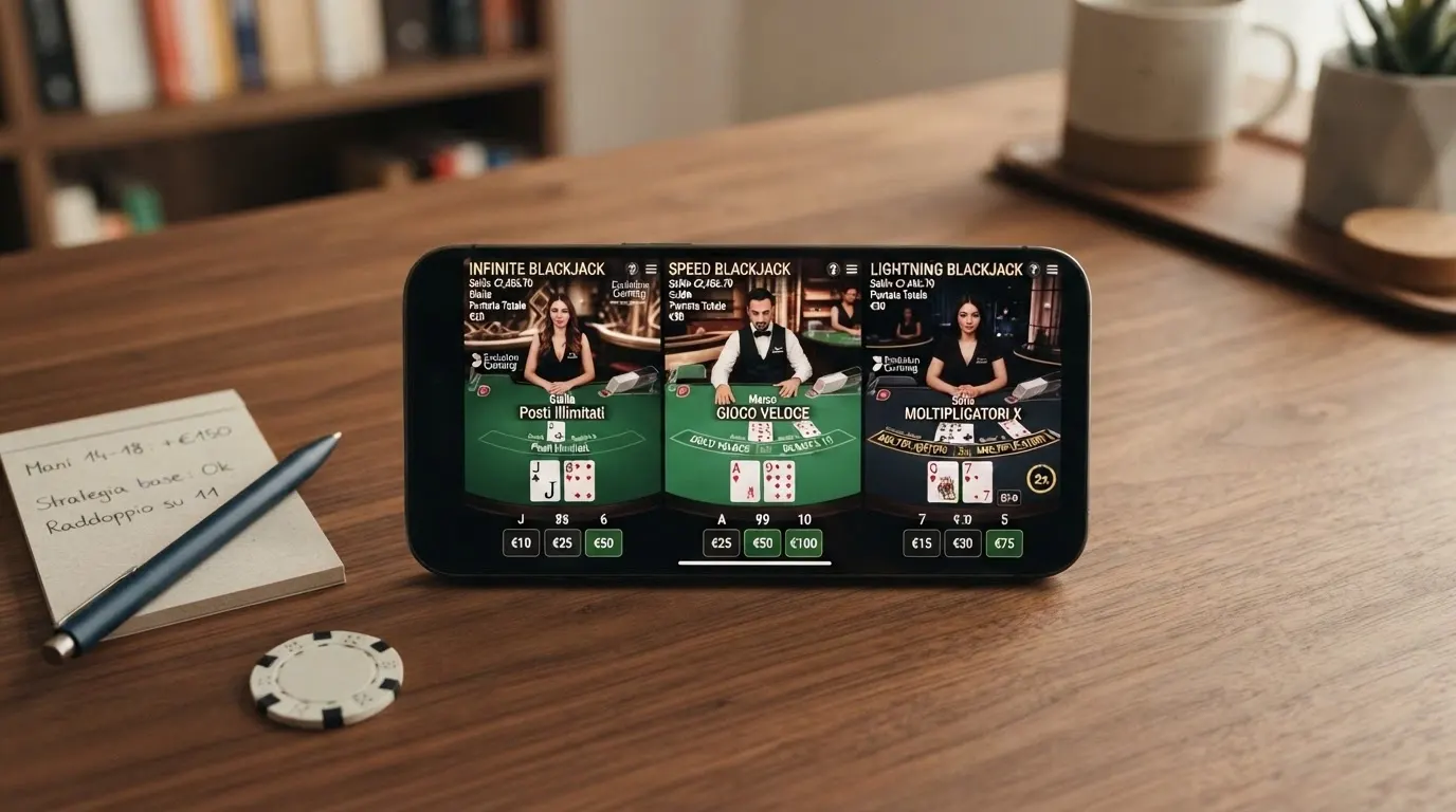 Tre schermate affiancate delle interfacce di Infinite Blackjack, Speed Blackjack e Lightning Blackjack di Evolution