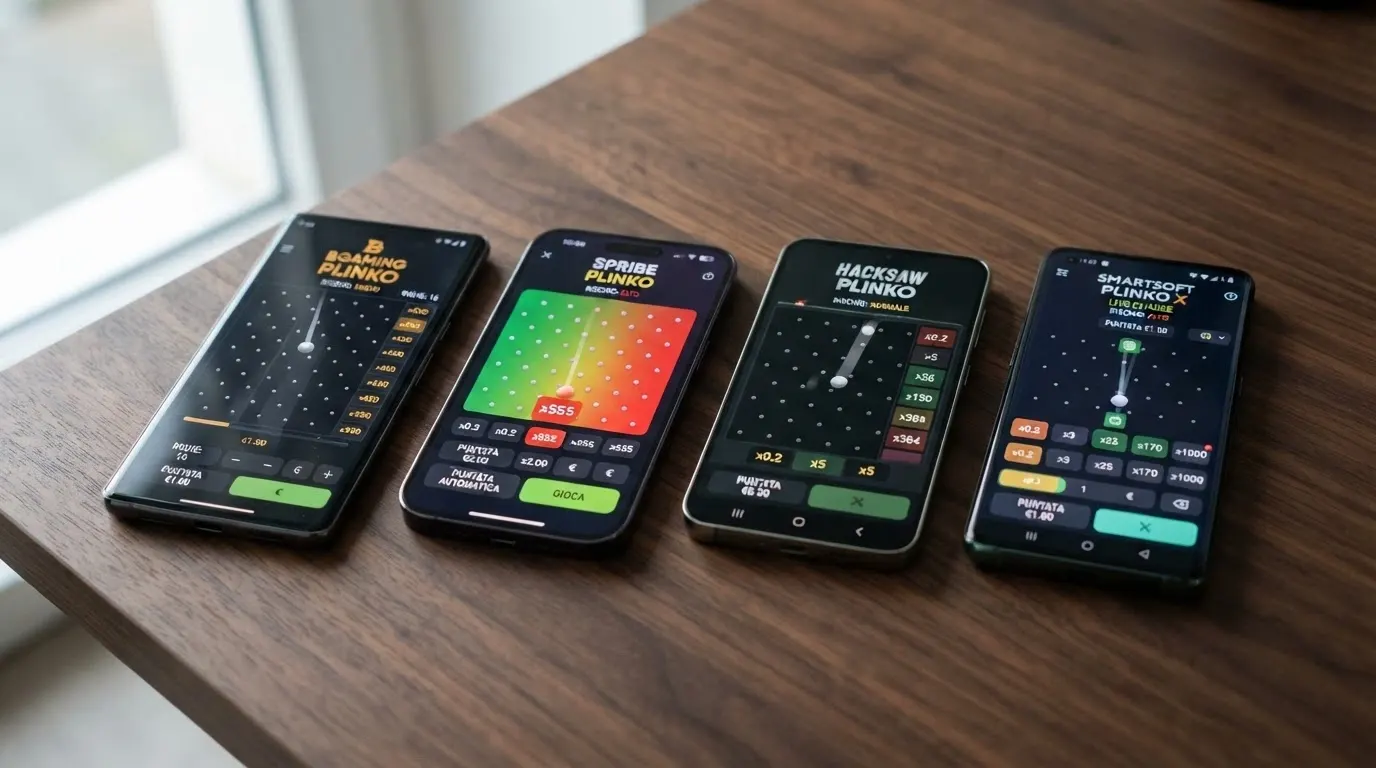 Quattro schermate affiancate delle interfacce di gioco BGaming, Spribe, Hacksaw e SmartSoft Plinko con diversi layout di righe e livelli di rischio