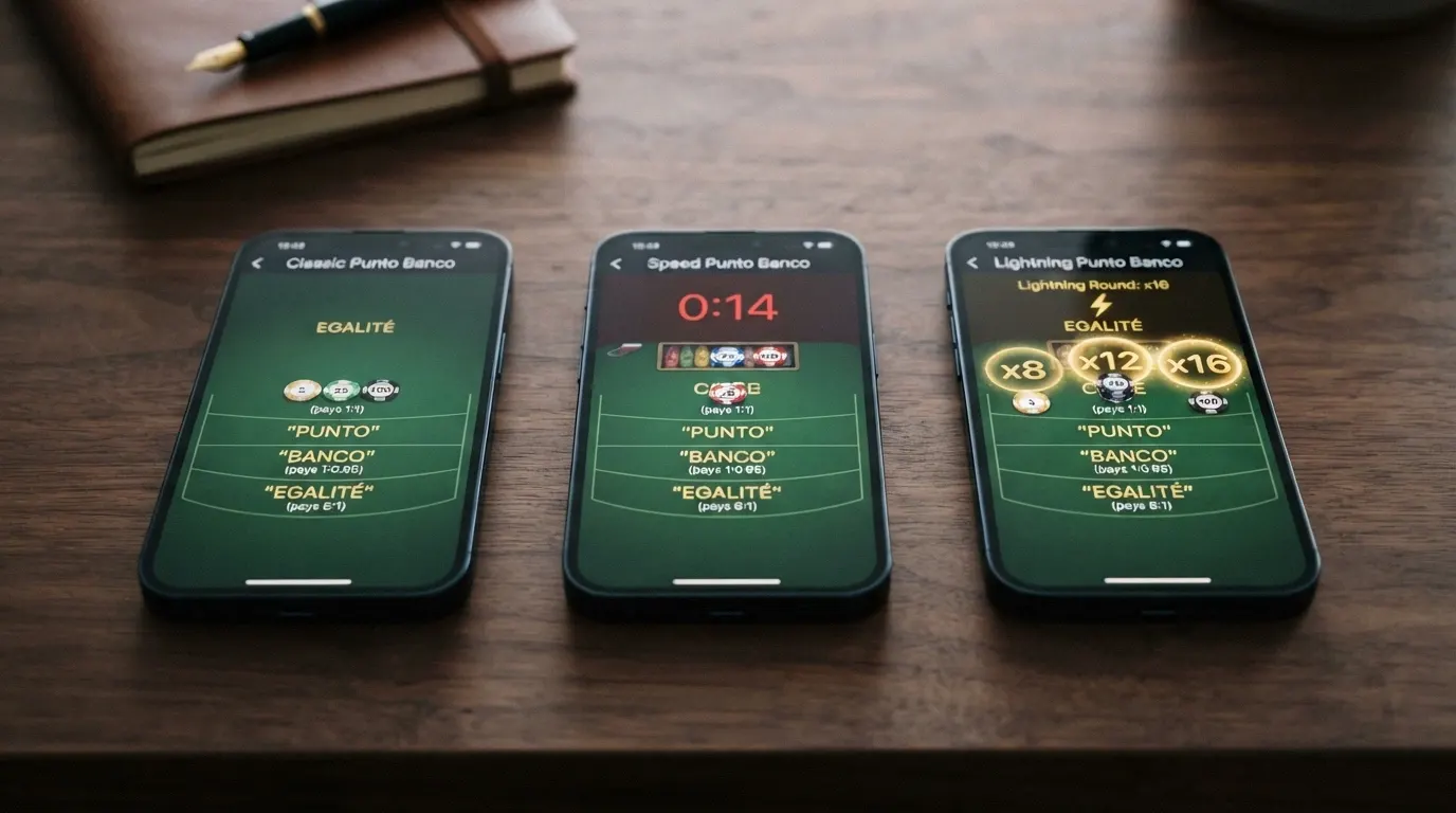 Tre schermate di interfacce di gioco affiancate: Punto Banco classico, Speed Baccarat e Lightning Baccarat con i moltiplicatori visibili