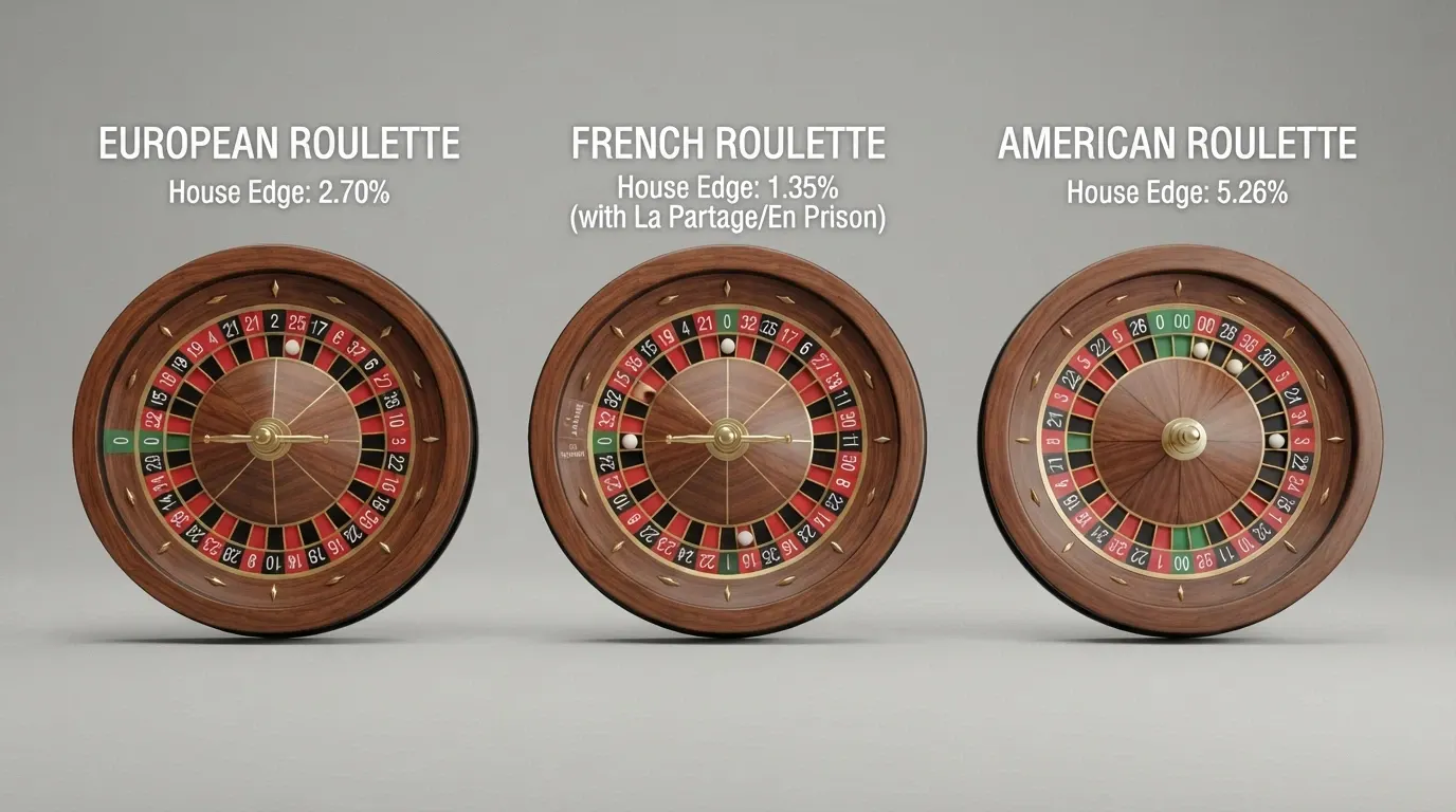tre ruote della roulette affiancate in dissolvenza — la prima con un solo zero (europea), la seconda con lo zero e le icone di La Partage ed En Prison (francese), la terza con zero e doppio zero (americana), ciascuna con il rispettivo margine del banco in sovrimpressione