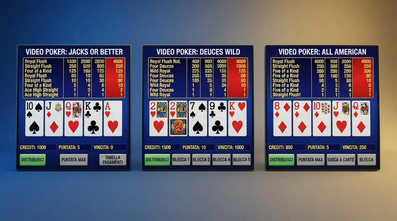 Un collage di tre schermate di video poker online con varianti diverse: Jacks or Better in primo piano, Deuces Wild con i «2» evidenziati, e una versione multi-mano con quattro righe di carte