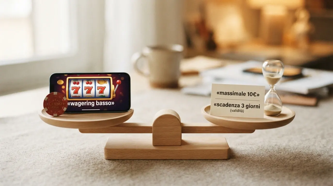 Un bilancio stilizzato con sui piatti «wagering basso» e «slot ad alta RTP» che superano «massimale 10€» e «scadenza 3 giorni»