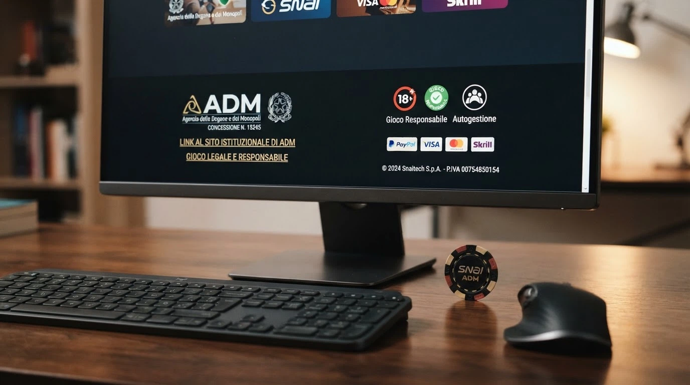Primo piano di un footer di casinò online con il codice GAD a cinque cifre, il logo ADM e il link al registro ufficiale dei concessionari