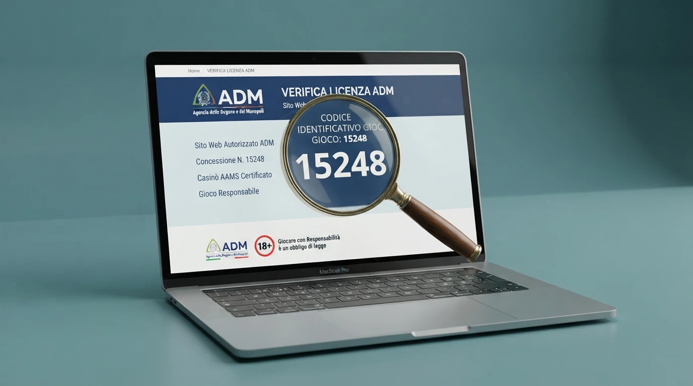 Primo piano del numero di concessione ADM esposto nel footer di un sito operatore autorizzato, con il logo dell'Agenzia delle Dogane e dei Monopoli visibile accanto