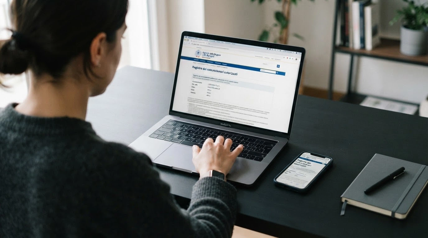Il logo ufficiale dell'Agenzia delle Dogane e dei Monopoli accanto alla schermata del registro dei concessionari online, con il cursore sopra un numero di concessione evidenziato.