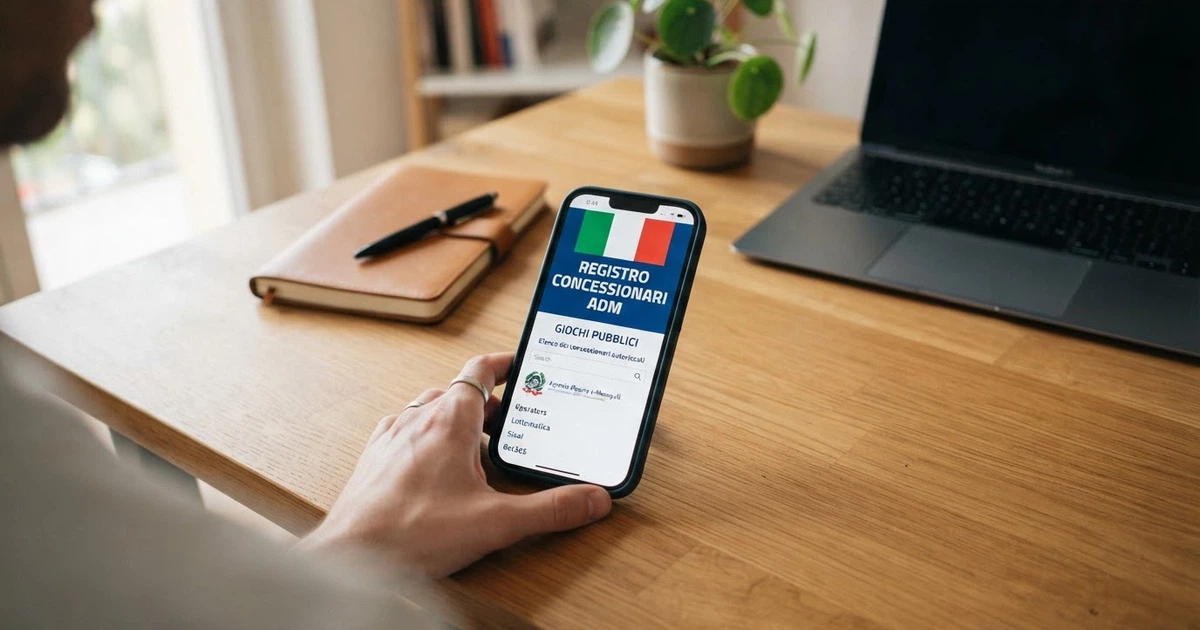 Un giocatore che consulta il sito dell'Agenzia delle Dogane e dei Monopoli su uno schermo, con il registro dei concessionari in evidenza