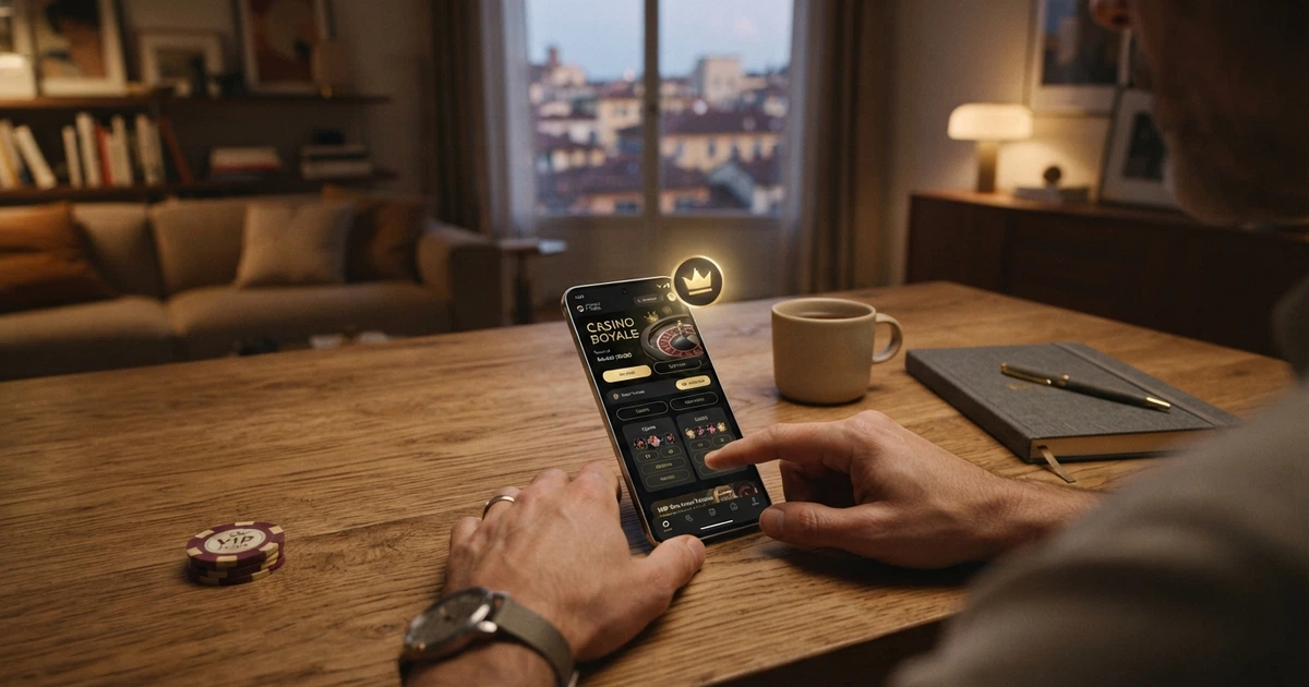 Un giocatore seduto davanti allo schermo di un computer portatile con l'interfaccia di un casinò online visibile, un'icona dorata «VIP» in sovraimpressione discreta sullo schermo, ambiente domestico serale con luce calda