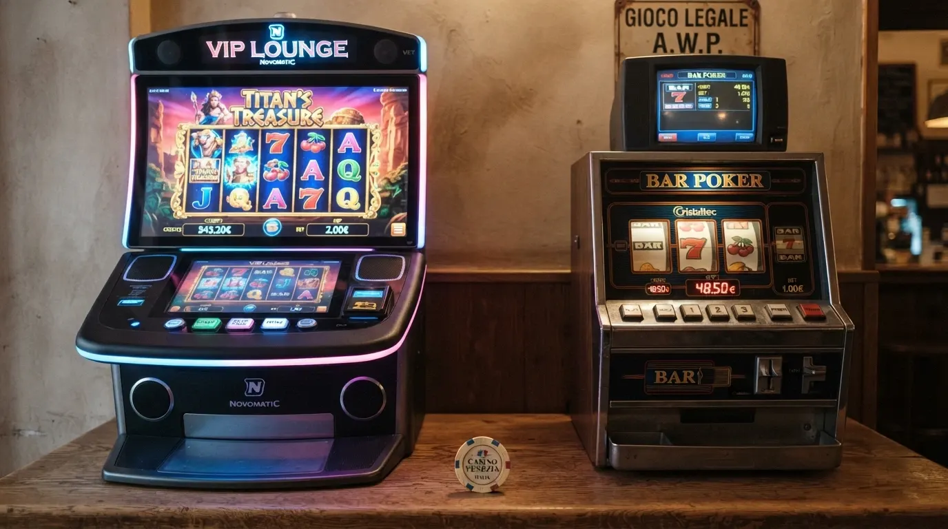 Due macchine da gioco affiancate: a sinistra una VLT con ampio schermo e grafica avanzata, a destra una AWP da bar compatta con rulli meccanici