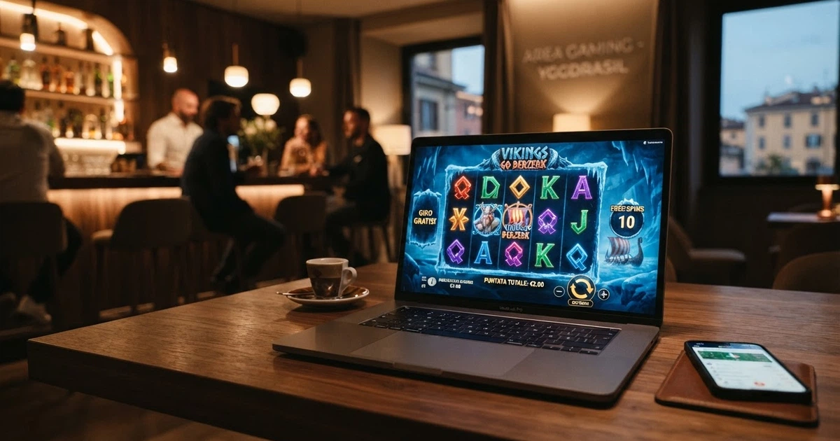 Il logo di Yggdrasil Gaming su uno sfondo che richiama l'interfaccia di una slot, con elementi grafici dei titoli Vikings e Valley of the Gods